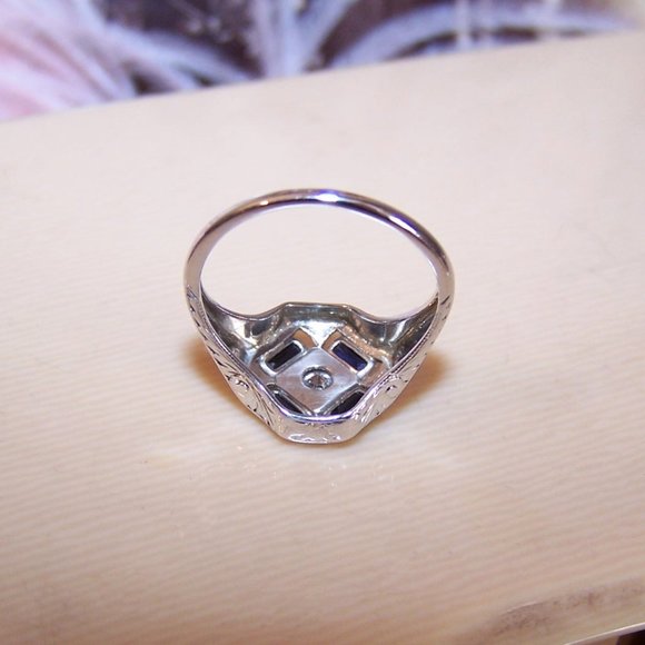 Art Deco 14K Gold Diamond Blue Sapphire Cocktail Ring - Size 4.25 - Picture 10 of 10